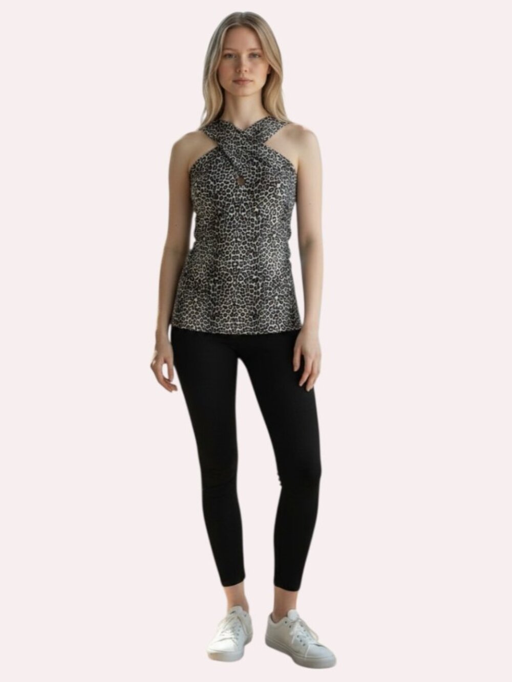 Kiragrace Luxe Halter Leopard Print Top Black White Twisted Crossover Neck Small